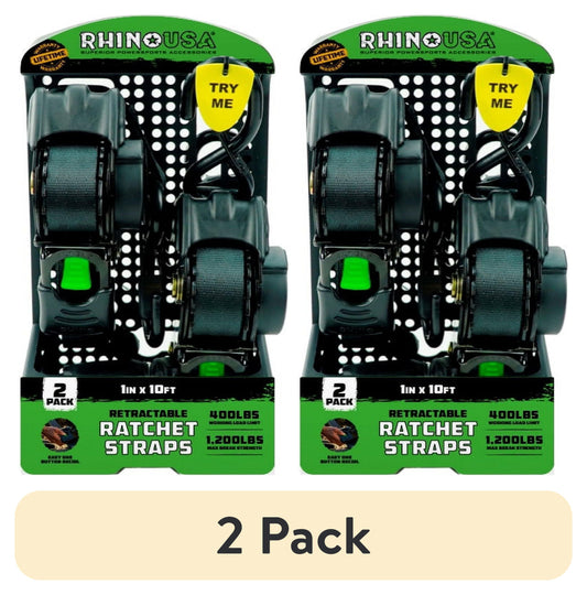 (2 Pack)  1In X 10Ft Retractable Ratchet Straps, 2 Pack – 403Lbs Load Limit, 6Lbs Total Weight